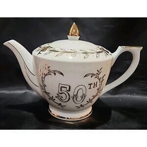 Vtg Lefton 7" ChinaTea Pot 50th Anniversary Hand Painted Gold Design 273N Japan